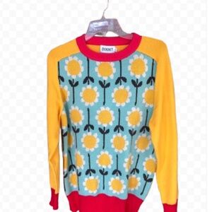 OXKNIT Floral Knit Sweater Size L Yellow Blue Retro Daisy Pullover